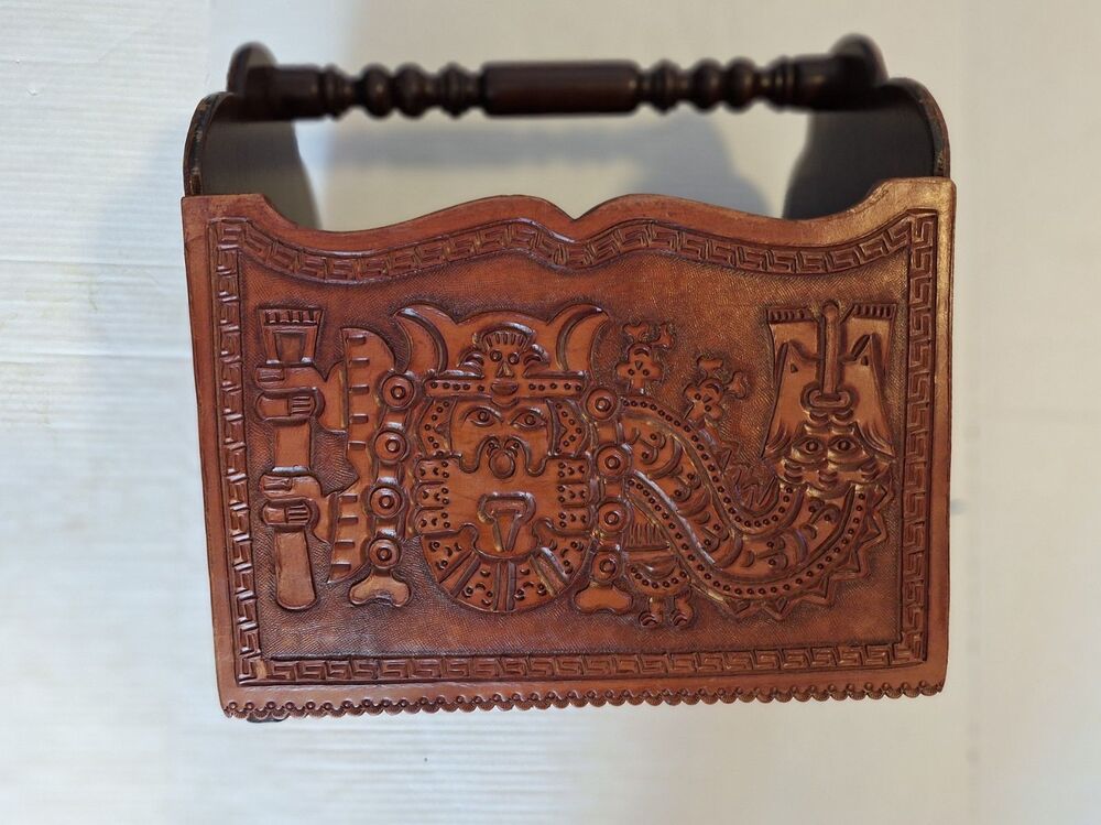 Leather Magazine Vinyl Album Rack Hand Tooled Peru South America Inca Design